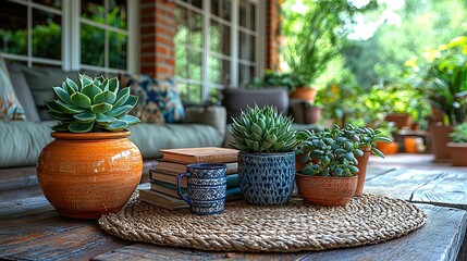 Fototapeta premium A wooden table with potted plants is positioned beside a couch and near a window