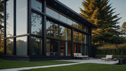 Fototapeta premium Modern Glass House with Patio and Landscaping