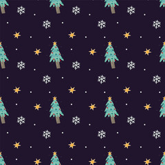 Christmas seamless pattern with Christmas tree, star and snowflakes. Christmas background. Christmas wrapping paper design