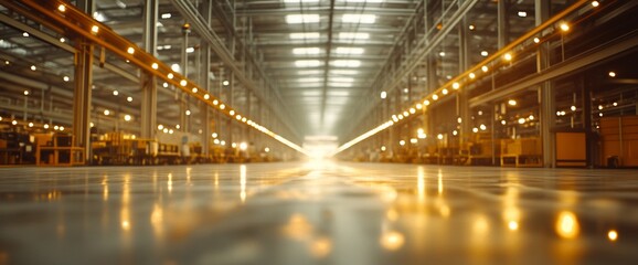 A spacious industrial warehouse with bright lighting and long aisles.