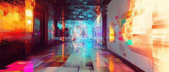 Naklejka premium Vibrant Digital Corridor: A Psychedelic Journey Through a Neon-Lit Hallway