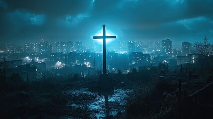 Naklejka premium Illuminated crucifix overlooking a moody urban landscape at night, blending spirituality with modern city life