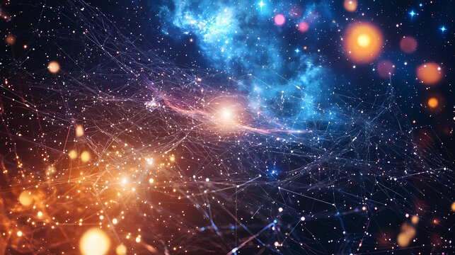 A view of deep space with a network of glowing stars and distant galaxies, highlighting the intricate web of cosmic structures and celestial objects. Quasar. Illustration