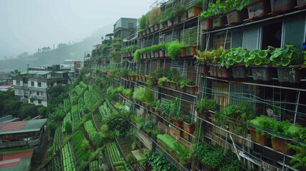 A community growing crops in vertical gardens to adapt to urbanization