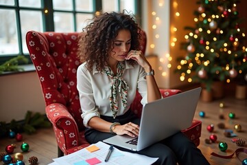 Young Hispanic marketing team member reviews holiday ads on laptop surrounded by festive decorations