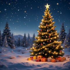 Christmas tree, snow-covered forest