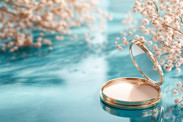 luxurious gold plated compact mirror rests on turquoise surface, surrounded by delicate flowers, creating elegant and serene atmosphere