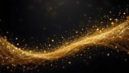 Obraz premium Golden Glitter Confetti Wave on a Black Background Banner: Festive and Sparkling Design, Perfect for Celebrations, New Year's Eve, and Special Occasion Announcements
