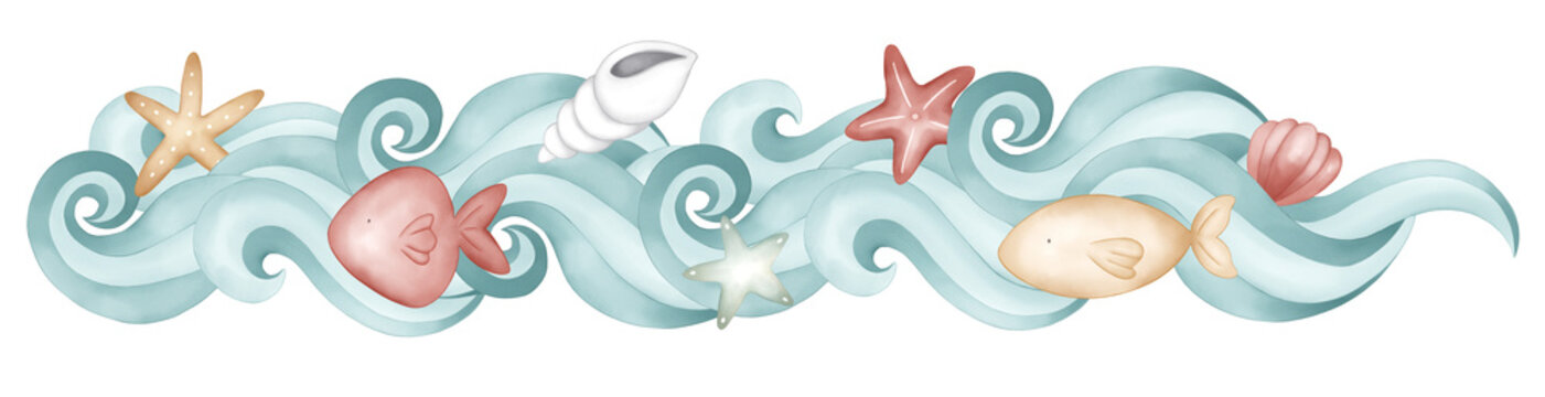 guardas decorativas estilo maritimo pintadas a mano en acuarela. Nudos, olas, ancla, timon, peces, caracoles, conchas estrellas de mar