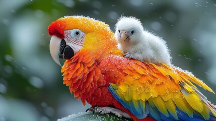 Fototapeta premium A baby bird atop a colorful bird atop a snow-covered tree branch, with another bird perched above