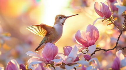 Fototapeta premium Hummingbird perched on tree branch, pink flowers foreground, sun background