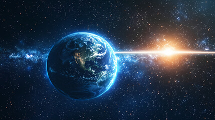 Obraz premium Cosmic phenomenon: earth observes distant quasar with radiating energy beam in space. Quasar. Illustration