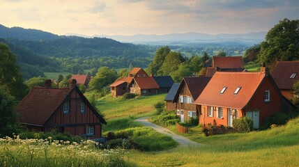 Serene landscape of a quaint village nestled in lush hills under a golden sunset, showcasing charming houses and peaceful surroundings