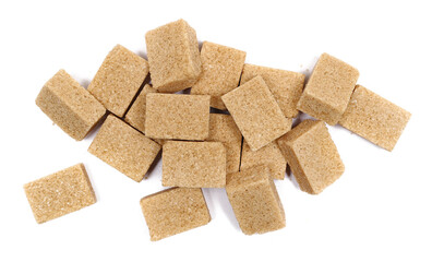 Pile brown sugar cubes isolated on white background, top view