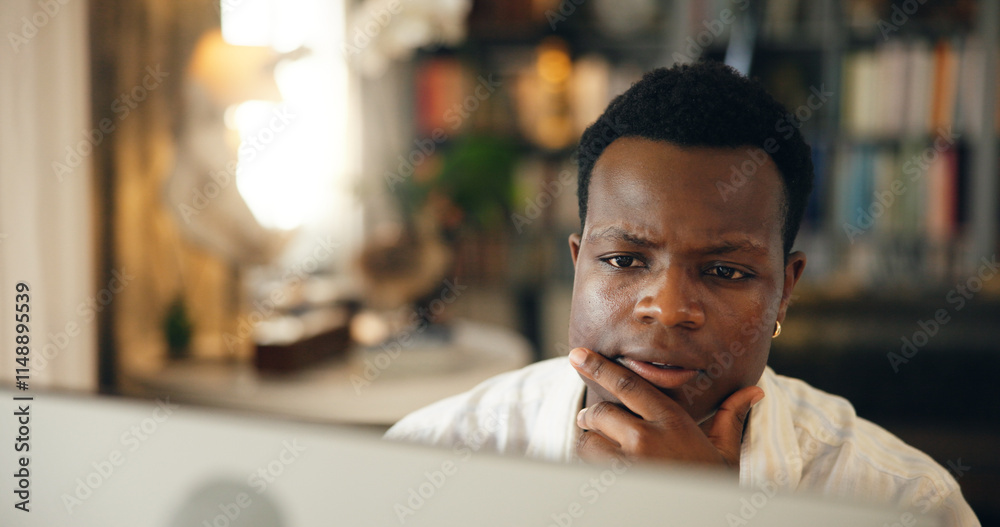 Poster student, man and thinking by computer at night for research solution, university thesis or problem s