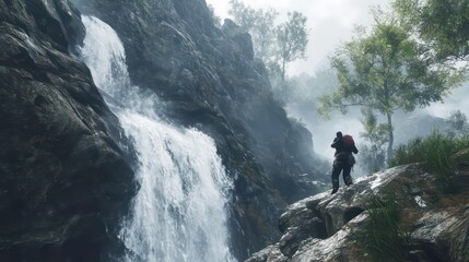 Fototapeta premium Hiker admiring a majestic waterfall cascading down rocky cliffs in a misty mountain landscape.