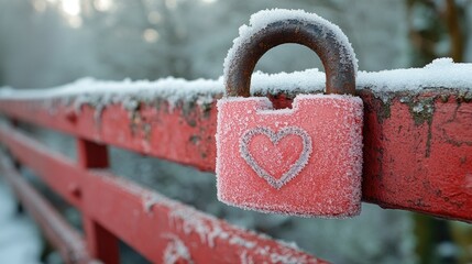 A frozen love lock attached to a vibrant red railing, symbolizing love and commitment in a wintery landscape