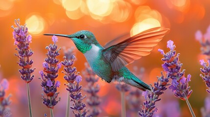 Obraz premium A hummingbird perches on a purple flower, surrounded by a field of similarly-colored blossoms, with softly focused background lighting