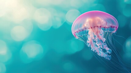   A clear photo of a magnified jellyfish against a blue backdrop with a hazy boke effect in the background