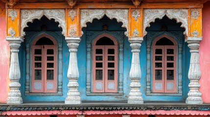 Fototapeta premium An intricate faÃ§ade featuring richly decorated traditional windows in a vibrant historical building.