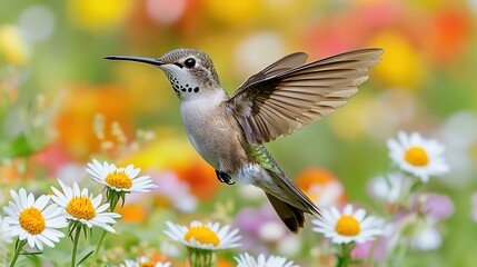 Fototapeta premium A blurry field of daisies with a hummingbird flying over it