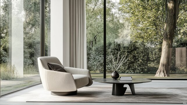 Modern minimalist lounge with clean, stylish decor. Featuring sleek lines and soft hues