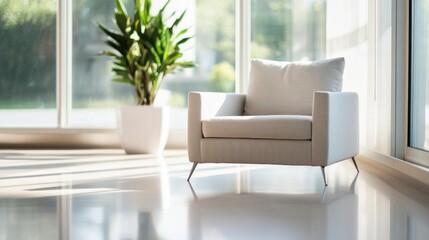 Fototapeta premium Modern minimalist lounge with clean, stylish decor. Featuring sleek lines and soft hues