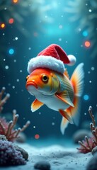 A whimsical goldfish wearing a Santa hat, swimming through a festive underwater scene, perfect for holiday-themed fishing promotions or decorations.