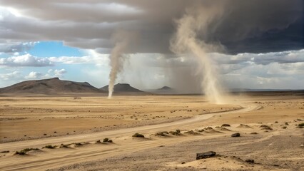 A dramatic scene unfolds in a vast desert landscape. Two powerful dust devils, swirling columns of sand and dust, rise from the arid ground
