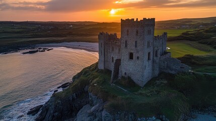 Fototapeta premium Majestic sunset over a historic castle perched on a rugged cliff overlooking the sea, capturing the beauty of a tranquil coastal landscape