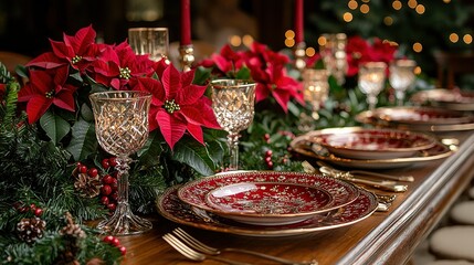   A holiday dinner table adorned with poinsettias, candles, and candelesticks