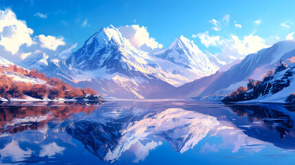 Snowy peaks reflected in a perfectly calm mountain lake 