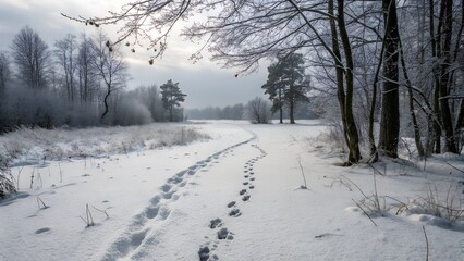 Fototapeta premium A winding path cuts through a snow-covered landscape. The path is marked by a series of footprints, suggesting recent activity