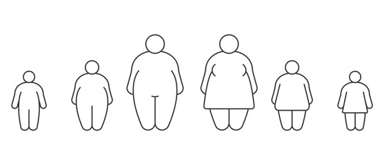 Body icons men, women, children, fat line icons. Fat figure and large family size. Fat and obese people body types fat line icon set. Image and size of people in body index mass vector illustration.
