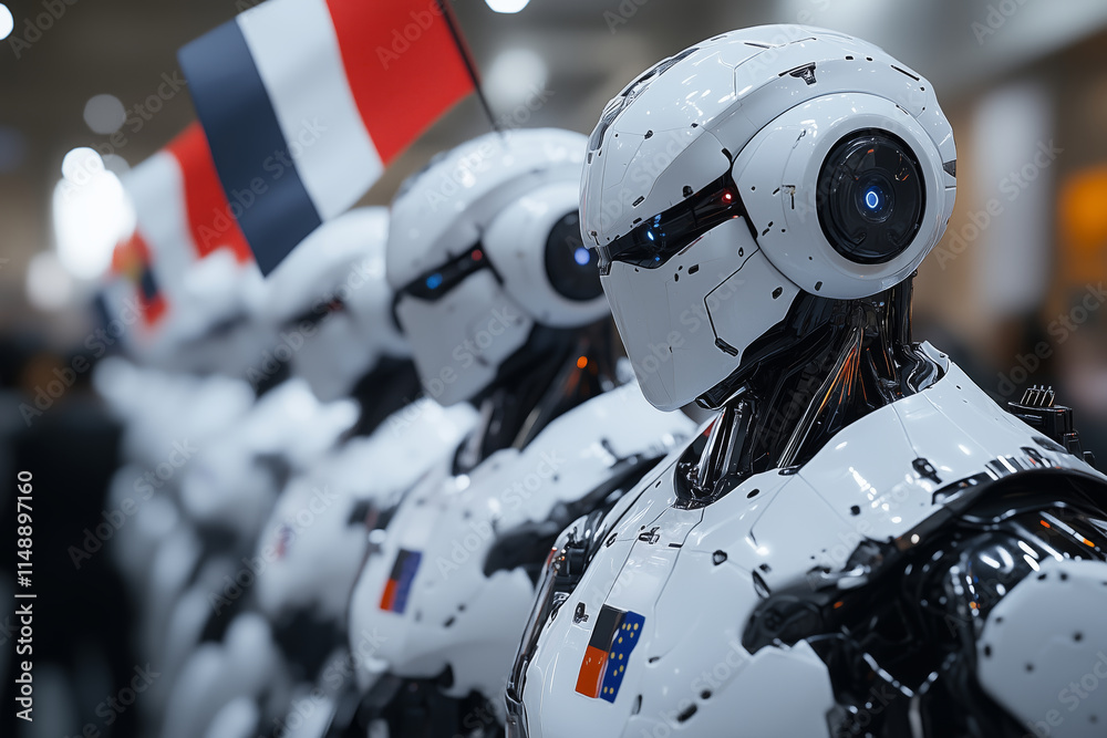 Poster Humanoid robots showcasing unity and tech at a modern exhibit