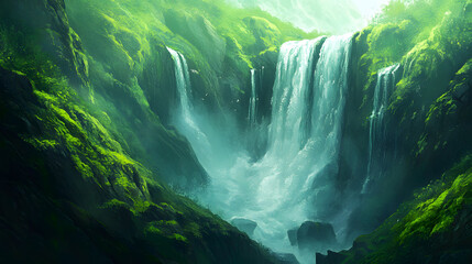 
Icelandic waterfall surrounded by mossy cliffs