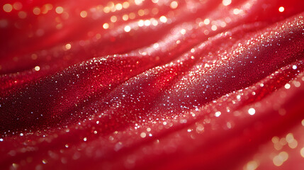 Close-up of red glittering texture with sparkles, creating a luxurious and festive vibe for celebration and decorative designs