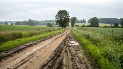 Fototapeta premium A rural scene with a dirt road meandering through a vast, green landscape. The road is dusty and uneven, with visible tire tracks suggesting recent traffic.