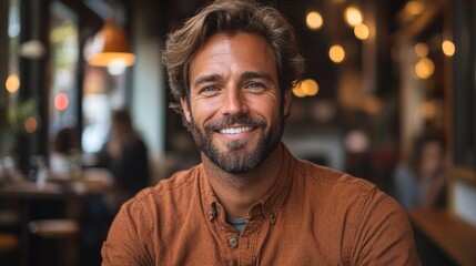 Obraz premium A smiling man in a casual setting, enjoying a moment in a cozy café.