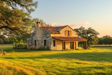 Obraz premium Rustic stone house on a grassy field, bathed in the golden light of sunrise.