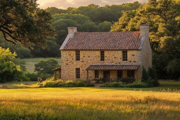 Fototapeta premium Stone house basks in golden sunset light, nestled in a serene, grassy field surrounded by lush greenery.
