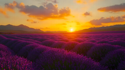 
Serene lavender fields stretching to the horizon during golden hour
