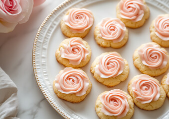 Elegant plate of sugar cookies with delicate pink rose frosting, ideal for weddings, events, and dessert inspirations