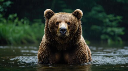 Fototapeta premium Majestic grizzly bear standing in calm waters amidst a lush, green forest, showcasing nature's wild beauty and serenity
