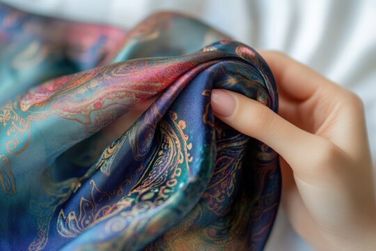 A hand delicately holds a vibrant silk scarf, showcasing its intricate paisley pattern and rich colors.