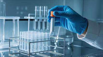 A gloved hand holding a test tube labeled "MONKEY POX." In the background is an immaculately clean laboratory environment with glass containers and a metal shelf.