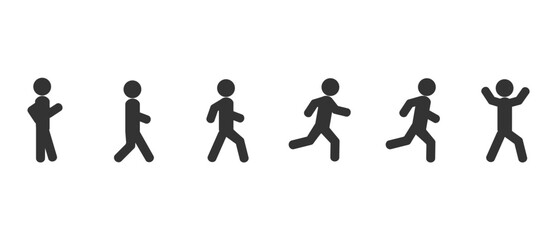 People walking and running icons, flat icons in side view different postures. Standing, walking, running, Various action poses have been set in vector Illustrations on transparent background.