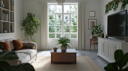 Fototapeta premium Bright living room with large window, sofa, plants, and TV.