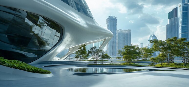 Modern architectural structure with sleek design amidst a cityscape and greenery.