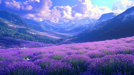 Obraz premium Vibrant Purple Lavender Field Against Majestic Mountain Range